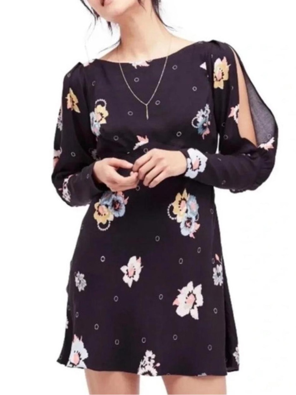 Free People Sunshadows Washed Black Floral Print Mini Dress
